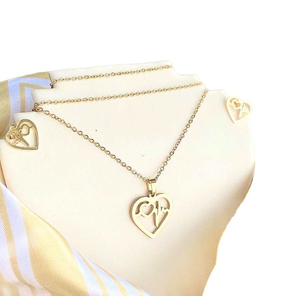 Gold stainless steel necklace set with heart bits EKG medical pendant w/earrings